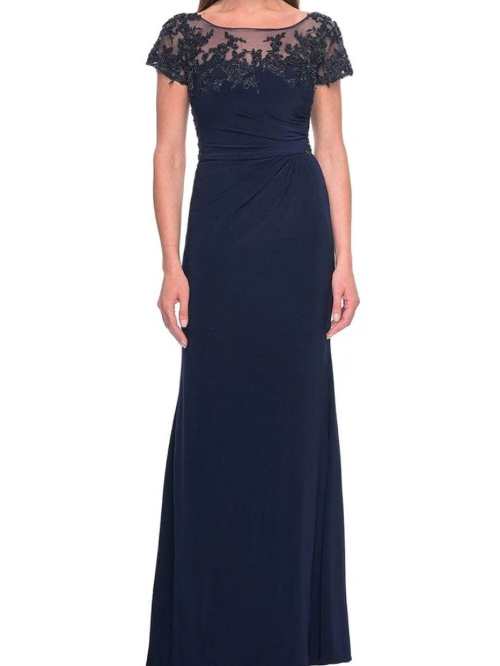 NWT La Femme 31805 Beaded Ruched Jersey Evening Dress Navy size 20